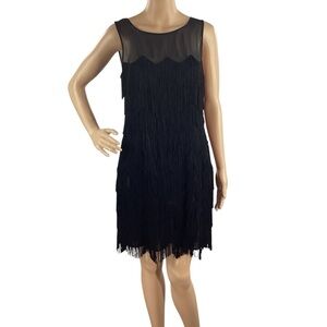 Aidan Mattox Black Fringe Trapeze Dress Sleeveless Size 10